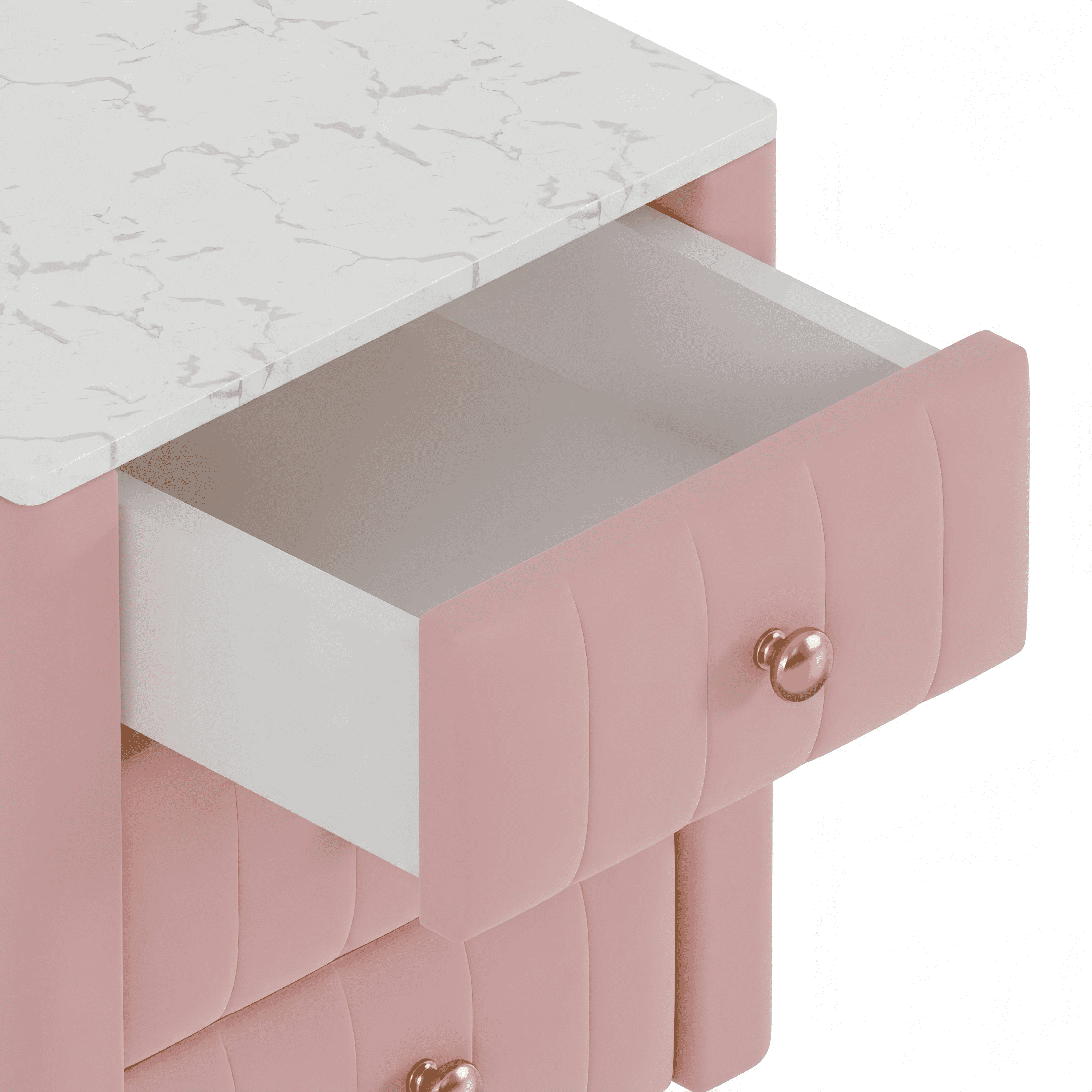 Euroco Upholstered Wooden Nightstand with 3 Drawers and Metal Legs&Handles,Modern Bedside Table with Marbling Stickers Worktop for Bedroom,Pink