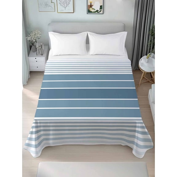 Blue Ombre Stripe Queen Size Flat Sheet, Wrinkleproof & Fadeproof Cooling Flat Bed Sheet Only, Farmhouse Striped Gradient Breathable Soft Bedding Top Sheets 90 x 102 Inches