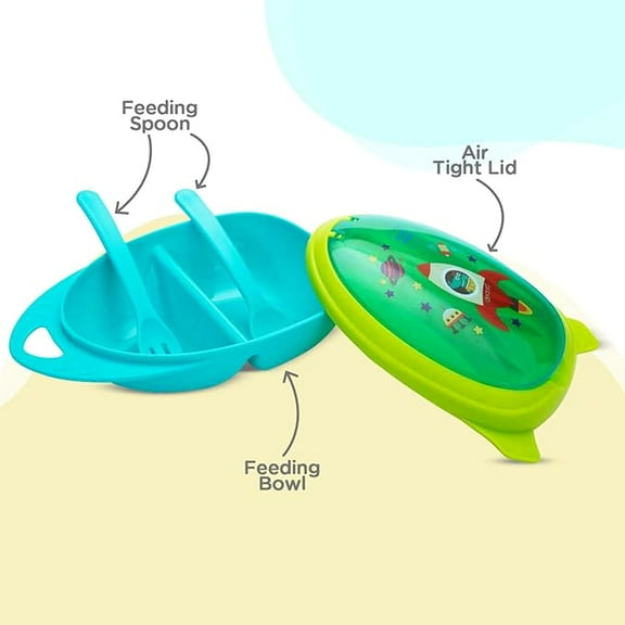Mee Mee BPA Free Air-Tight Feeding Bowl with Fork & Spoon for 6 Month  Babies, Easy to Carry (Blue)