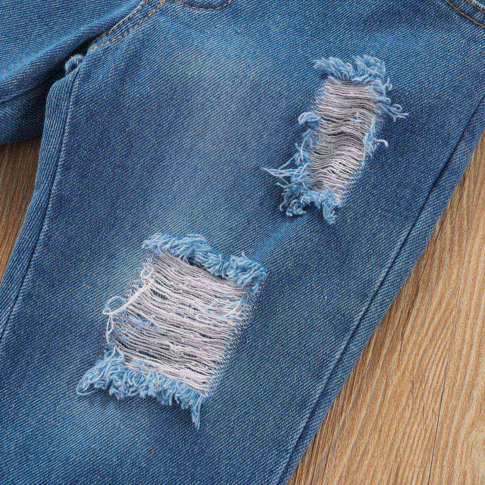 Daqian Baby Girls Clothes Toddler Baby Girls Fashion Cute Solid Color Frenulum Vest Top Ripped Jeans Pants Suit Toddlers Girls Clothes Size 2T-5T Blue 2-3 Years