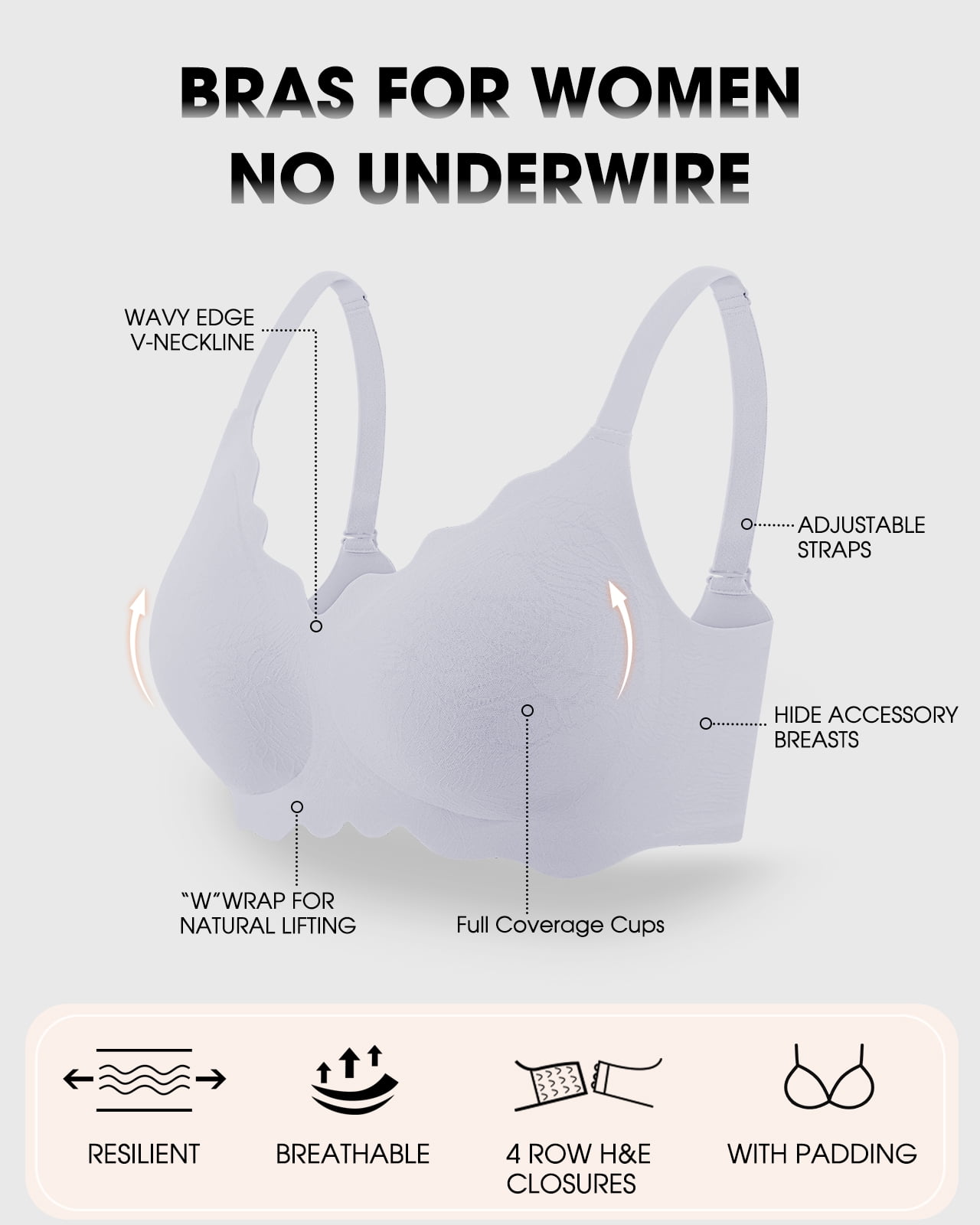 USEASY Seamless Bras for Women No Underwire Wireless Full Coverage Push Up Bralette Comfort Scalloped T-Shirt Bra
