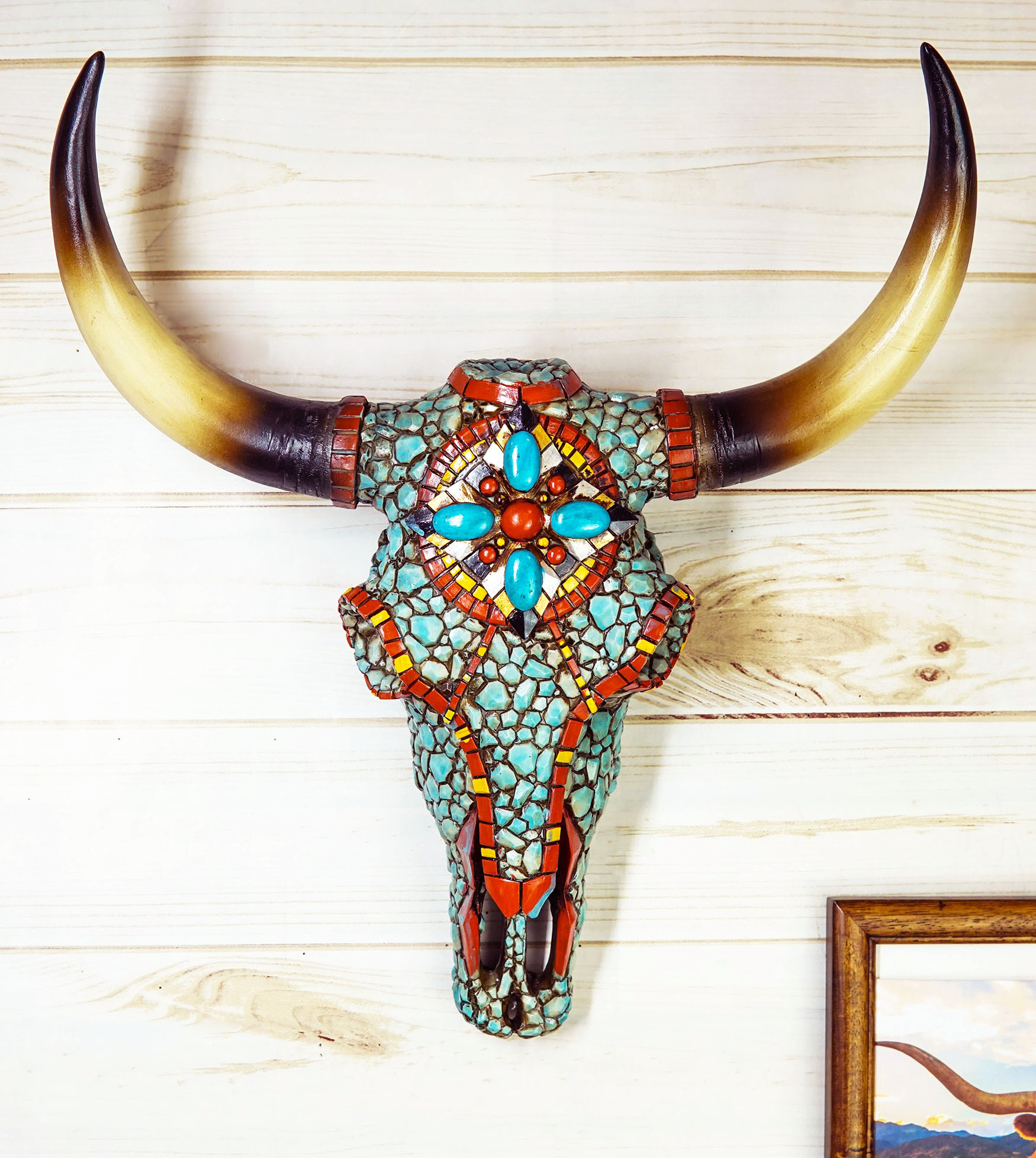 Large Western Steer Cow Skull With Mosaic Turquoise Stones And Beads Wall Decor - image 5 of 6