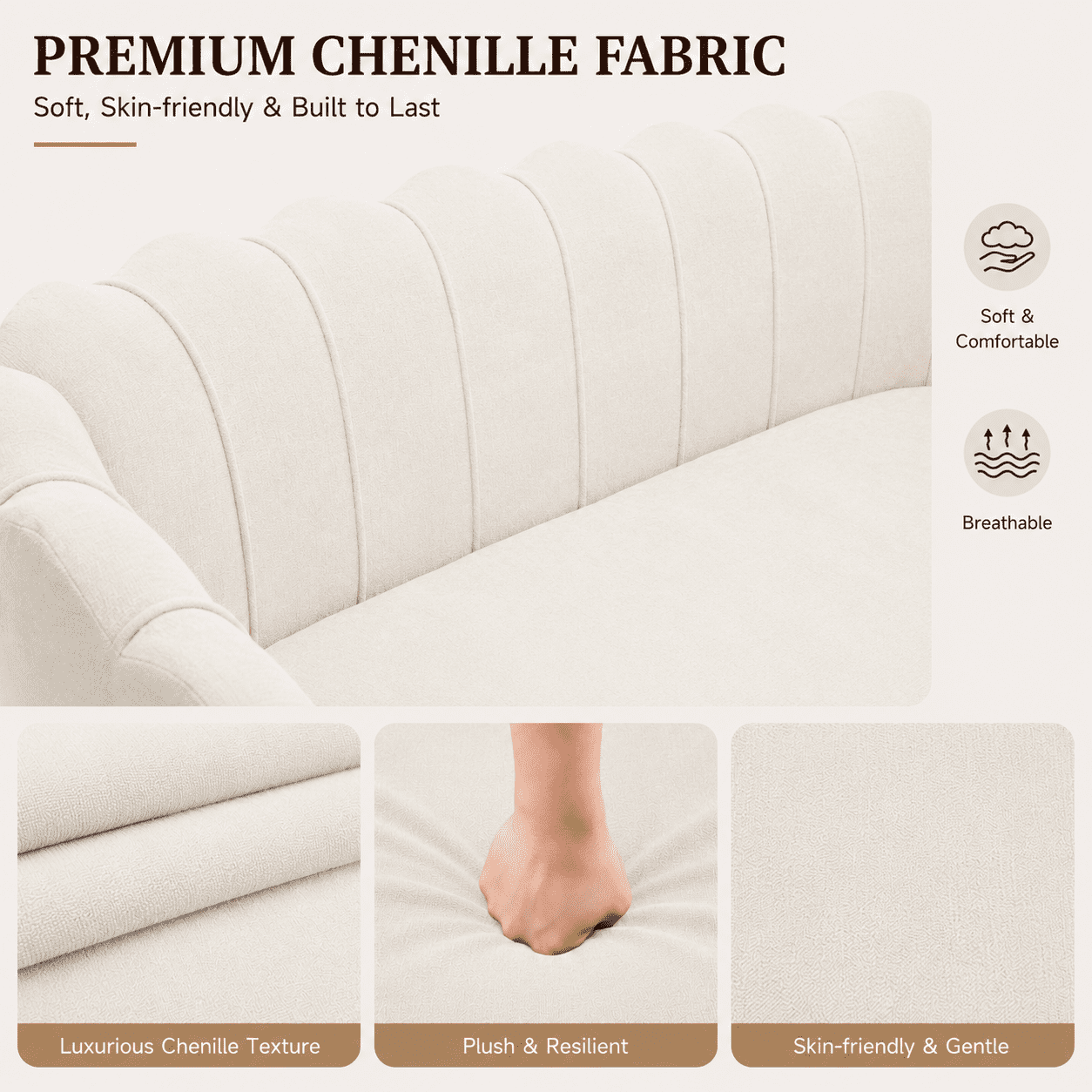 MOONMISS Scallop Tufted Loveseat,Premium Chenille Fabric 2-Seater Sofa with Gold Metal Legs,Curved Back for Living Room/Bedroom,Beige