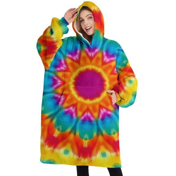 Oversized Wearable Blanket Hoodie,Colorful Tie Dye Mandala Pattern Sherpa Blanket Hoodie with Super Pockets,Super Warm Fuzzy Pullover for Women & Men