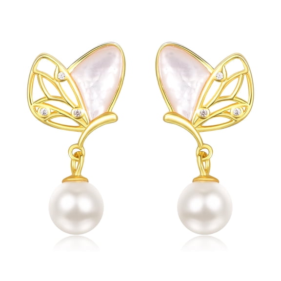 TANGPOET Pearl Earrings 925 Sterling Silver Butterfly Stud Earring Gold Plated Hypoallergenic Birthday Jewelry Gifts for Women