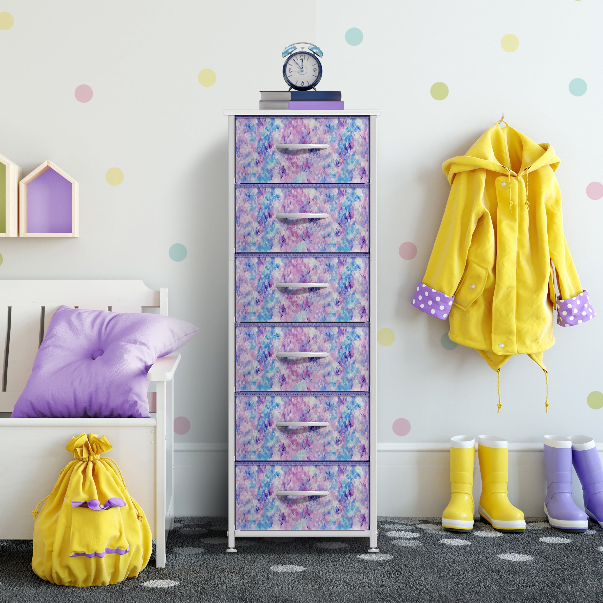 Sorbus 6-Drawer Dresser – Tie-Dye Purple Fabric Storage Tower for Kids Bedroom, Nursery, Closet