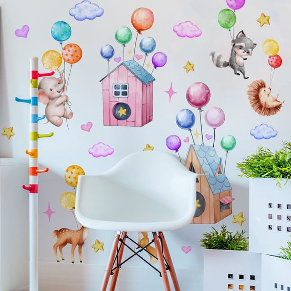 Cartoon animal balloon decals, colorful balloon decals, elephants, hedgehogs, fox decals, houses decals Peel and Stick Wall Art Decals for Bedroom Living Room Offices Home Decoration