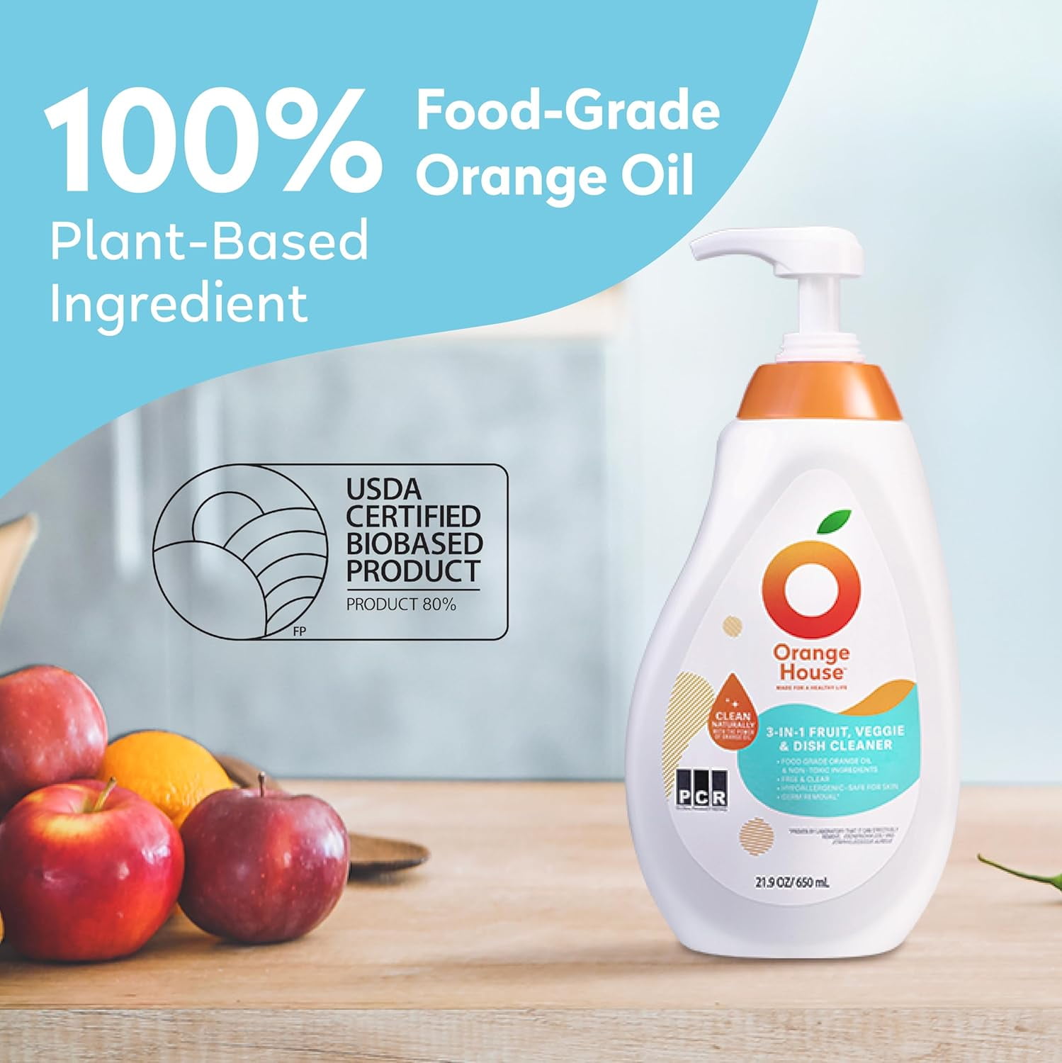 3 in 1 Plant Based Dish Soap, Non Harmful Ingredients Veggie Wash, Orange Oil Fruit and Vegetable Wash, Convenient Fruit Wash, 21.9 Fl Oz Fruit Cleaner, Natural Dish Soap (1 Pack)