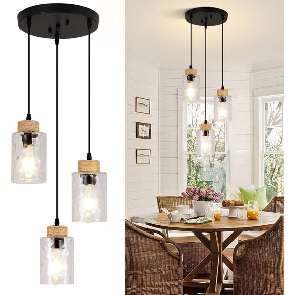 3-Light Pendant Light Fixtures, Black Pendant Lights Kitchen Island, Adjustable Pendant Lighting with Clear Hammered Glass Shade, Modern Hanging Light Fixtures for Dining Room, Hallway, Living Room