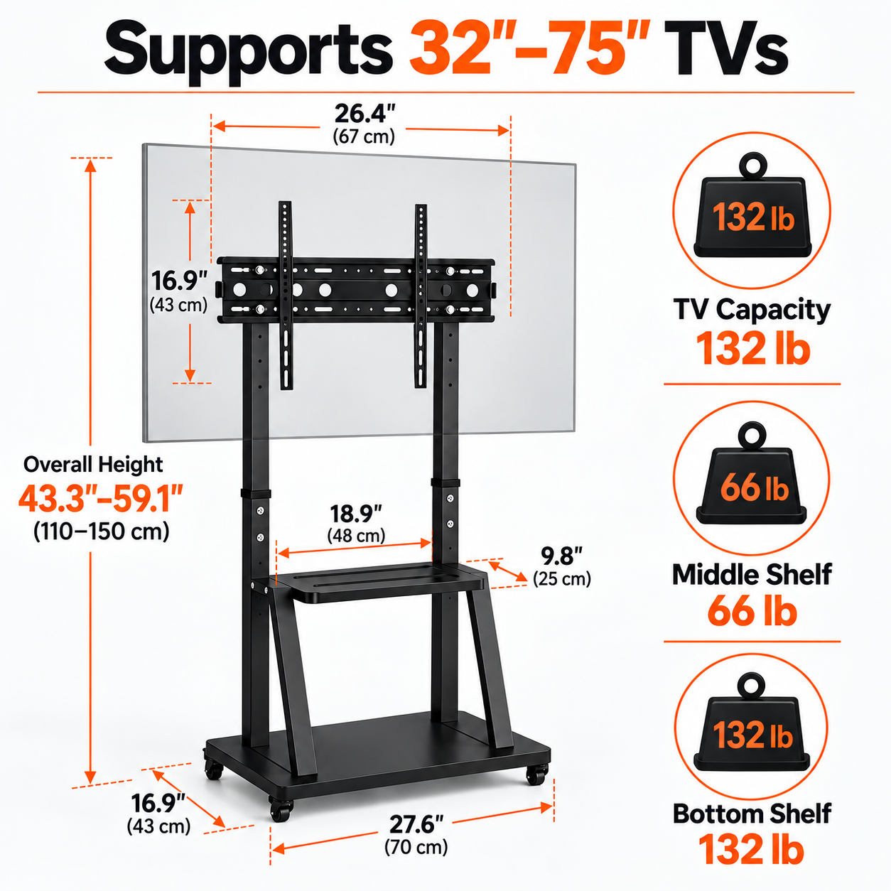 JaxSteam Height-Adjustable Rolling TV Stand for 32–75" TVs photo 6