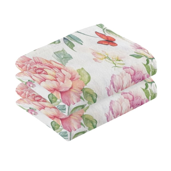 2 Pcs Absorbent Face Towel Bath Hand Towels Soft Breathable Cotton Towel Set for Bathroom Kitchen Hotel Spa Decor Pastel Peonies and Roses