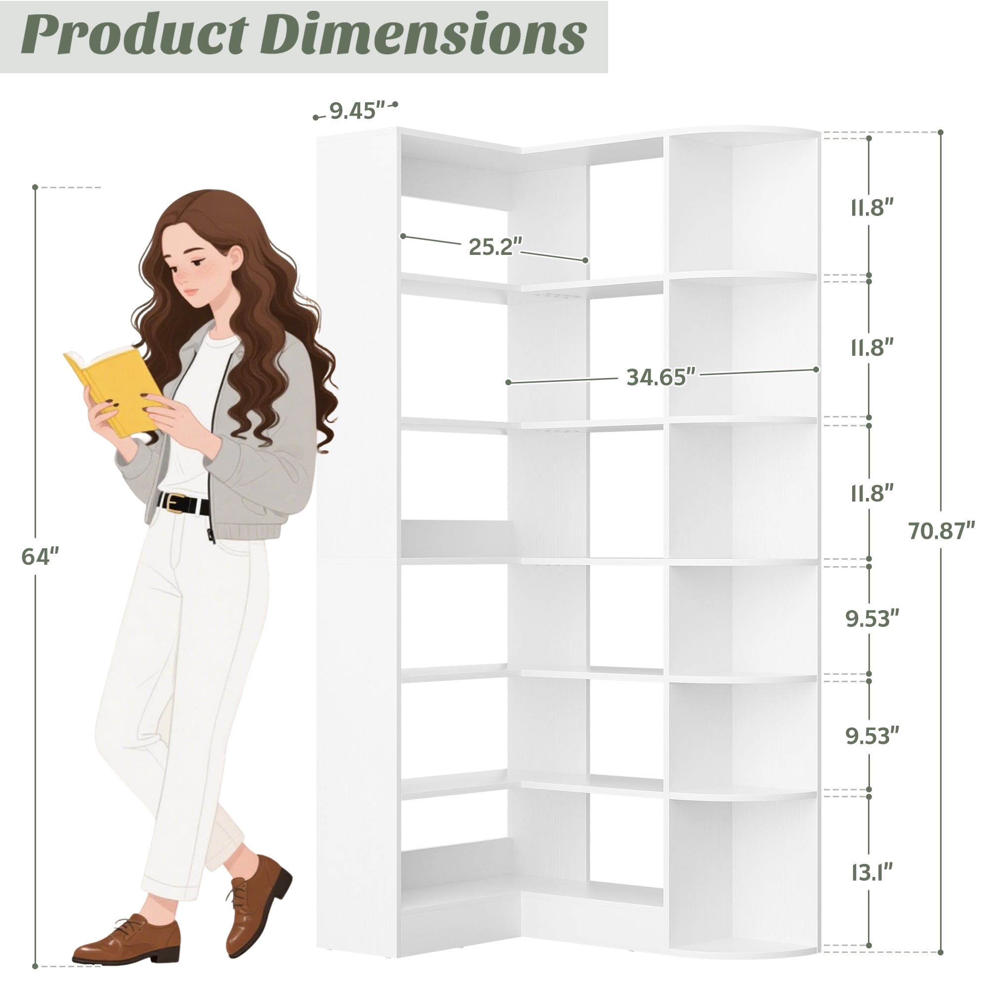 Homieasy 6-Tier Corner Bookshelf, 79'' Tall Modern L Shaped Bookcase with 13 Open Storage Shelves, Corner Storage Shelf for Home Office, Living Room, Bedroom, White