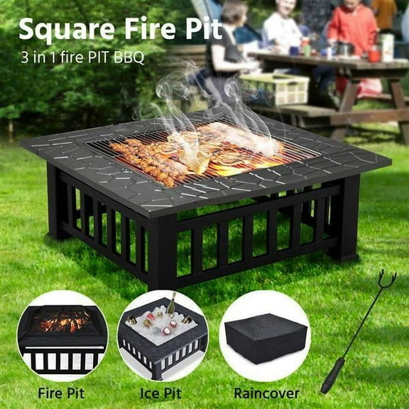 32" Metal Fire Pit Outdoor Backyard Patio Garden Square Stove Brazier with Charcoal Rack, Poker & Mesh Cover 32" L x 32" W x 17" H