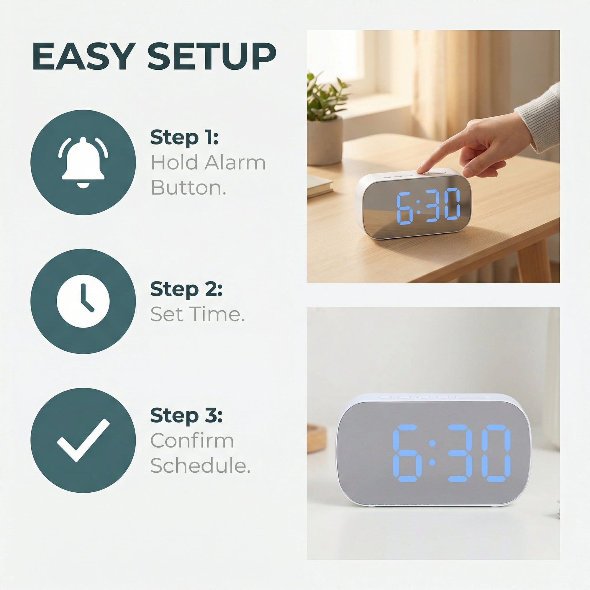 Unique Bargains Small Mirror Desk Clock with Big Numbers for Bedroom 5.1" x 1.4" x 2.6"