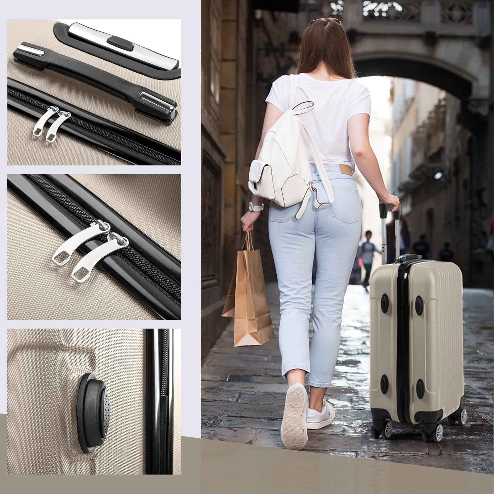 Zimtown 3 Piece Nested Spinner Suitcase Luggage Set With TSA Lock Champagne Gold