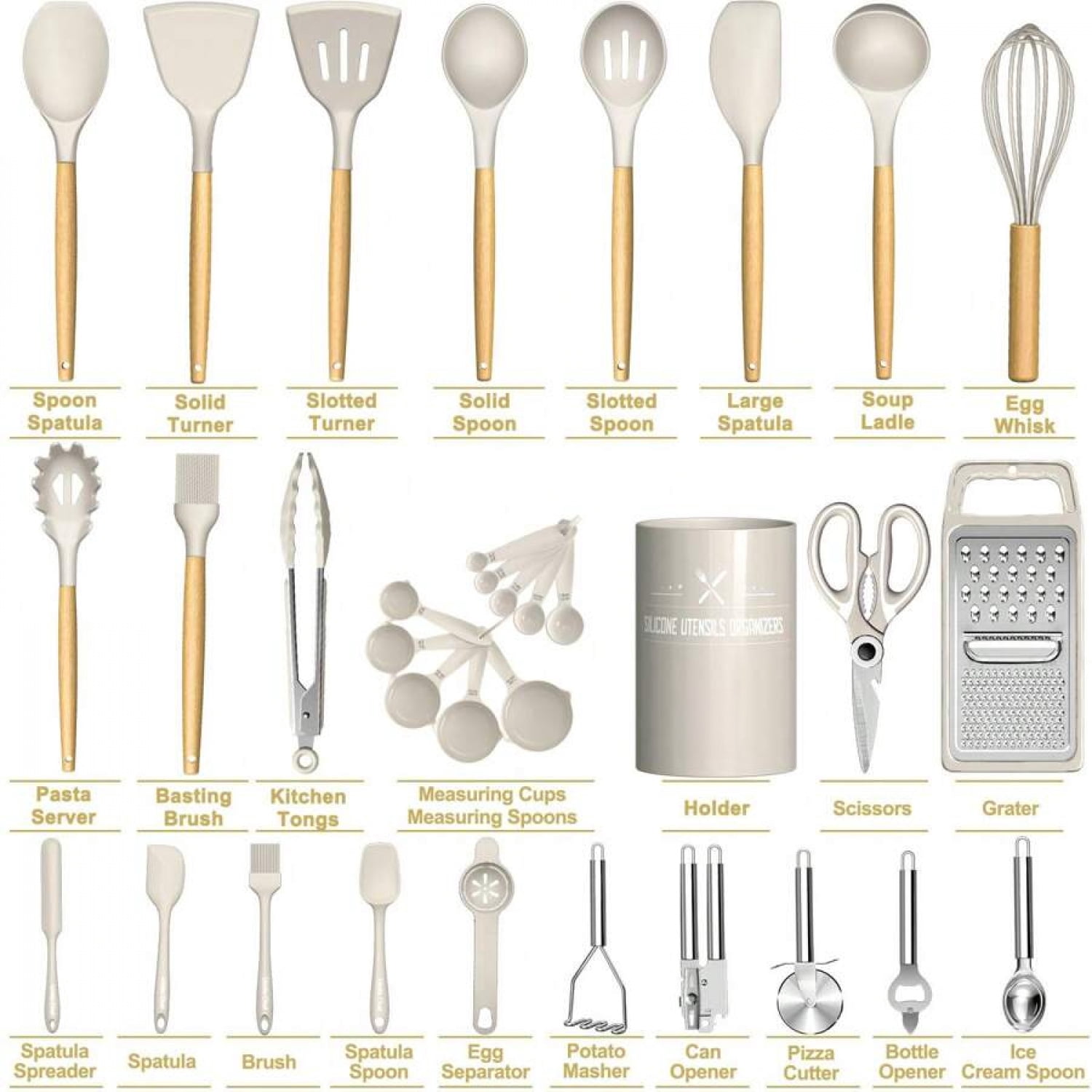 NTGFU Khaki Kitchen Utensils Set- 34PCS Silicone Cooking Utensils with Holder, for Nonstick Cookware,Perfect for Thanksgiving,Mother's Day Cooking and Gifting