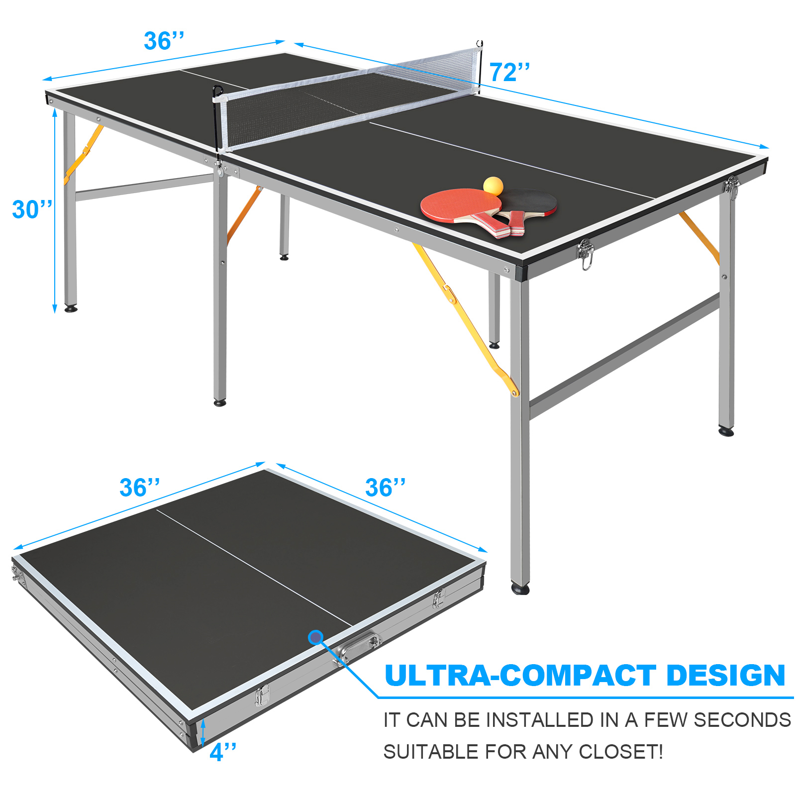 KLB Sport Portable Foldable Ping Pong Table with Net, Paddles & Balls, Indoor Compact Table Tennis Table for Home