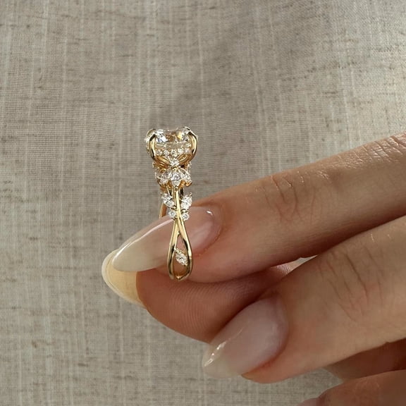 Jewelerix Round Cut Moissanite Ring, Floral Cluster Diamond Ring, 10K Vermeil Yellow Gold Promise Ring, Unique Solitaire Bridal Ring, Vintage Inspired Wedding Ring