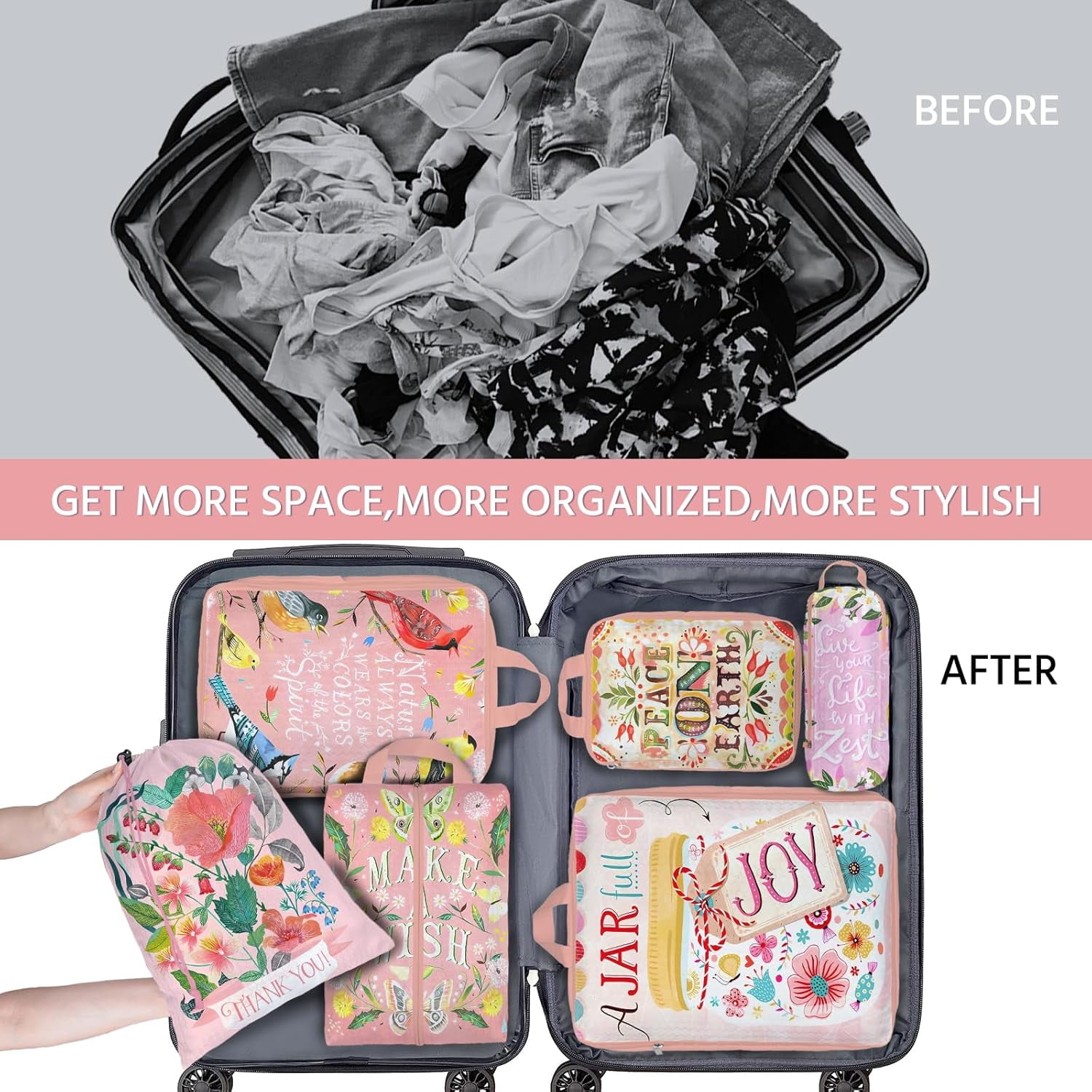6 Set Compression Packing Cubes Waterproof Suitcase Travel Bag Organizer Luggage Backpack Travel Cubes for Packing