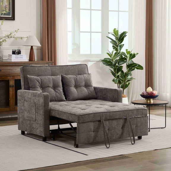 46" Linen Convertible Loveseat Sleeper Sofa Bed, Pull-Out Loveseat with USB, Convertible Sofa Bed Couch for Small Spaces, Antique Grey