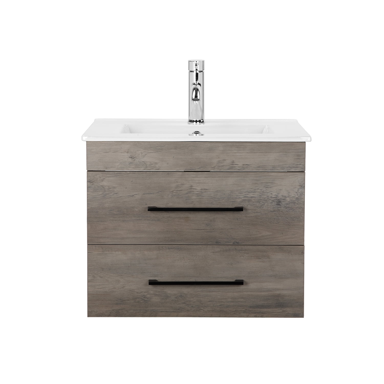 Demi Bonn 24" Wood Grain Wall-Mounted Bathroom Vanity with Ceramic Sink and 2 Soft-Close Drawers, Faucets and Drains Not Included, Gray