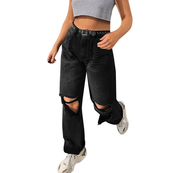 Sngxgn Women High Waisted Stretch Jeans Straight Wide Leg Denim Pants(Black,M)