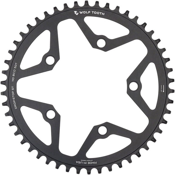 Wolf Tooth 110 BCD Gravel CX Road Chainring - 50t 110 BCD 5-Bolt Drop-Stop ST For Shimano HG  KMC 12-Speed Chains BLK