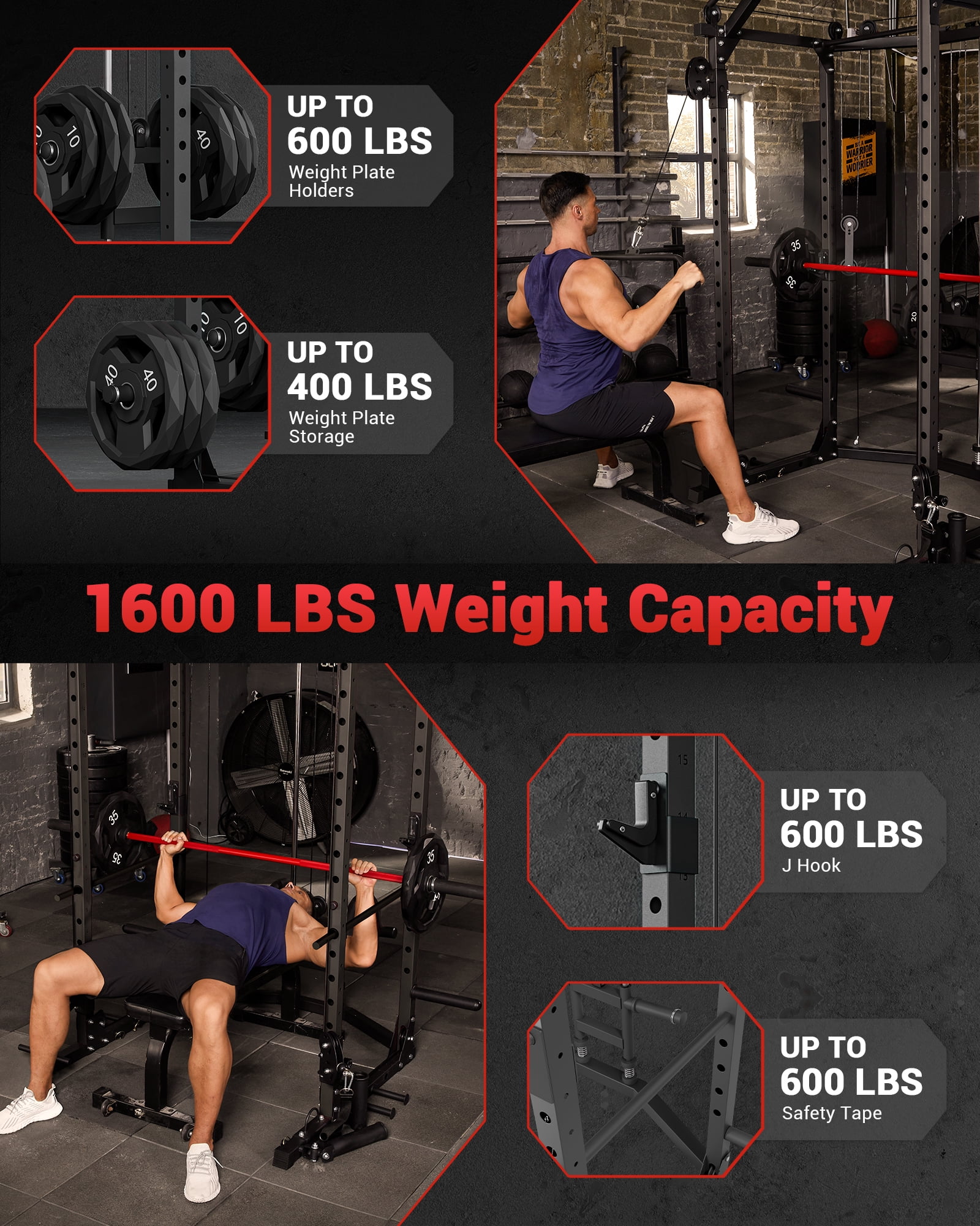 GARVEE Power Cage Home Gym,2000lbs Multi-Function Squat Rack with Cable Crossover,Pull-Up & Dip Station,LAT-Pull Down System,Workout Cage with More Attachments,Black
