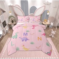 Manfei Teens Kawaii Dinosaur Queen Comforter Set, Cute Cartoon Animal Bedding Sets, Initial A to Z Letter Reversible Bedding Comforter Set, Ultra Soft Home Decor, 3 Pieces