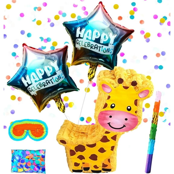 Giraffe Pinatas and Safari Party Supplies,Birthday Decorations, Themed Favors, and Pinata Game Fun Includes Busterstick, Blinfold, Confetti and 2 Happy Celebration Ballons