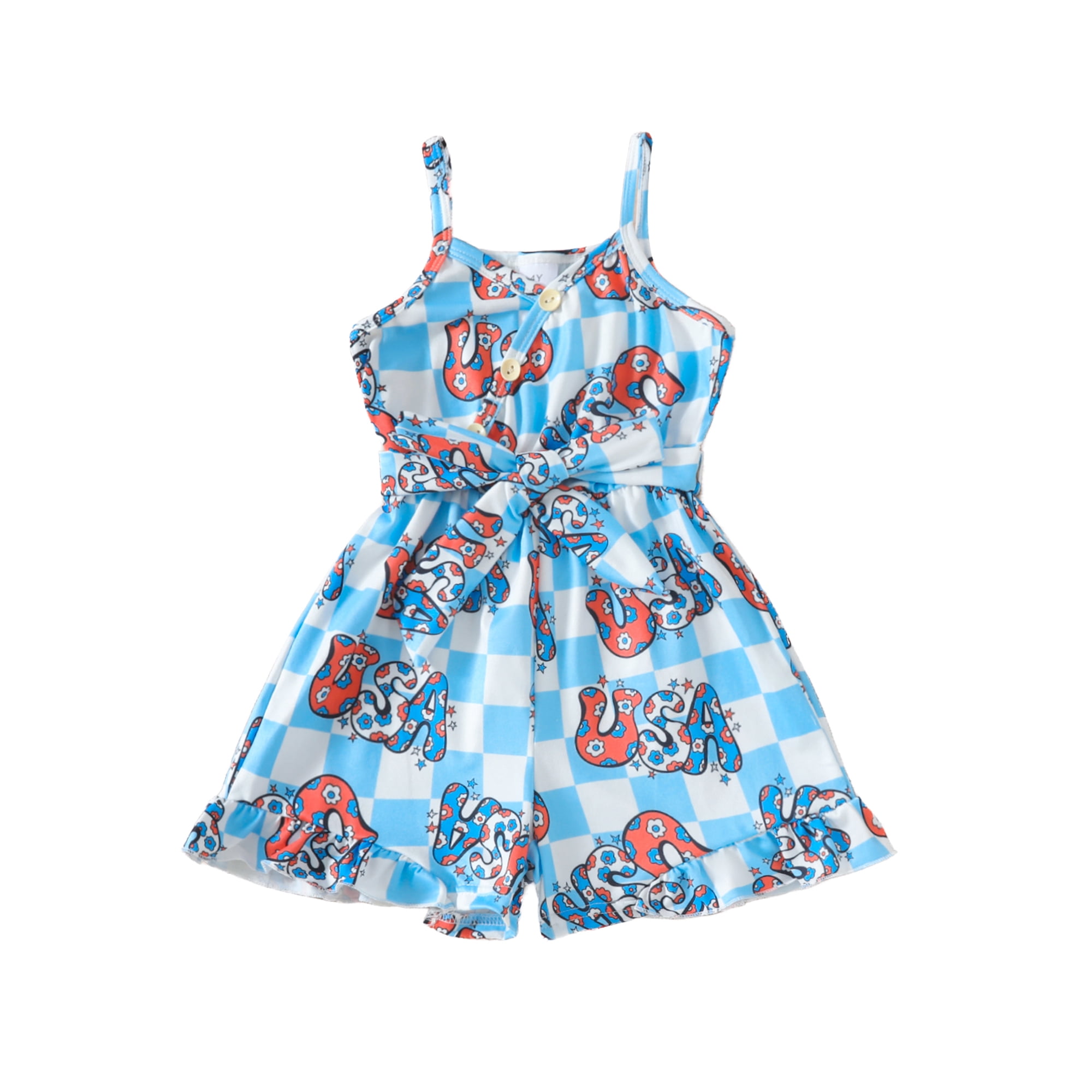 Wifornt Kids Girl 4th Of July Jumpsuit Summer Star Print Sleeveless Romper Shorts With Belt For Newborn Toddler Cute Clothes Blue