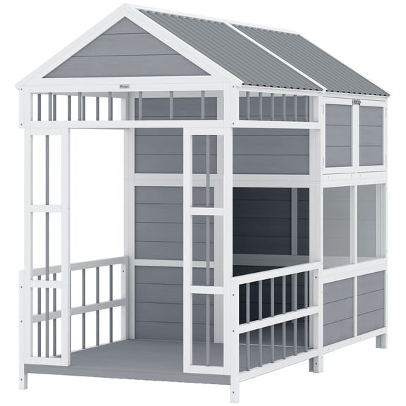 79"L Large Dog House Outdoor, Wooden Dog Kennel with Porch, Storage Cabinet,Weatherproof Roof, Windows