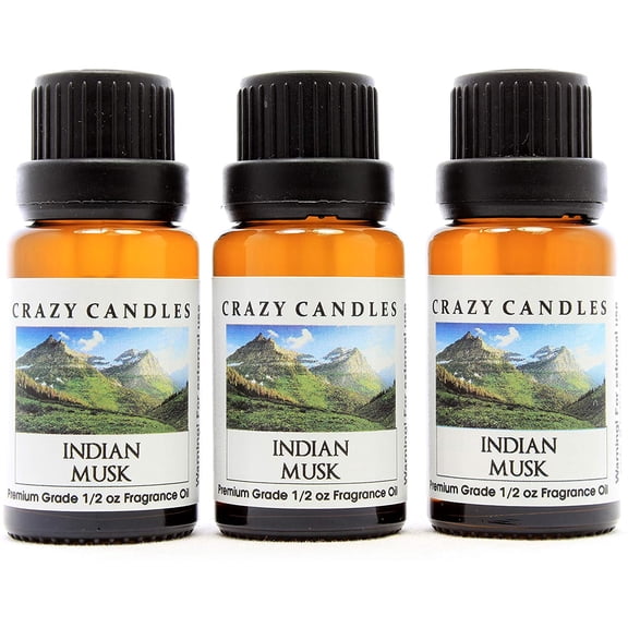 Crazy Candles Indian Musk (Made in USA) 3 Bottles 1/2 Fl Oz Each (15ml) Premium Grade Scented Fragrance Oil (Blend of Middle Eastern Spices Combined with Sandalwood and Musk)