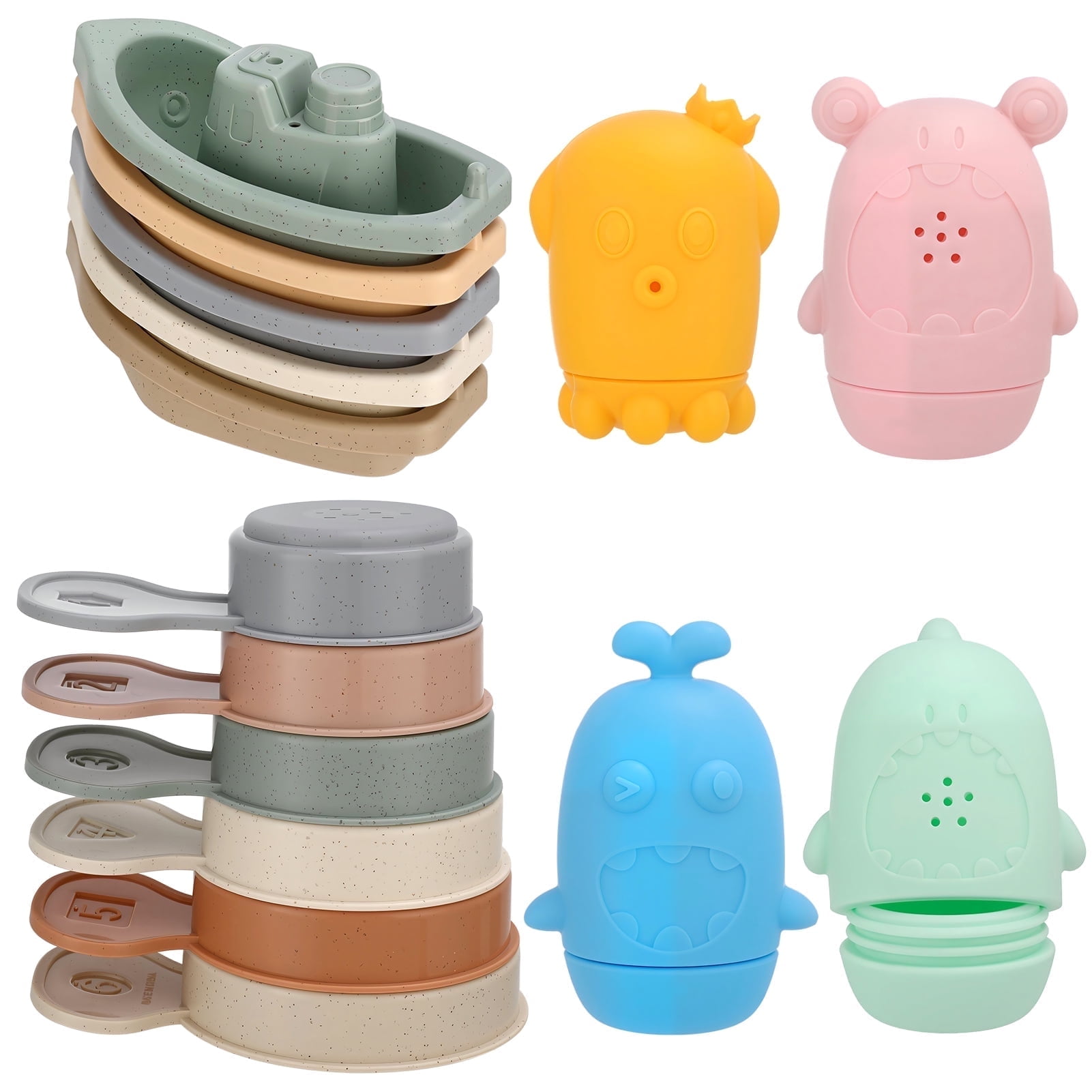 KABOER Baby Bath Toys for Kids Ages 0+, 15PCS Mold Free Toddler Bath Toys, Bathtub Water Table Pool Toys, Stackable Boats and Spoons and Silicone Bath Toy for Babies 6-12 Months