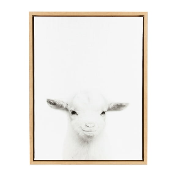 Kate and Laurel Sylvie Baby Goat Black and White Portrait Framed Canvas Wall Art by Simon Te Tai, 18x24 Natural