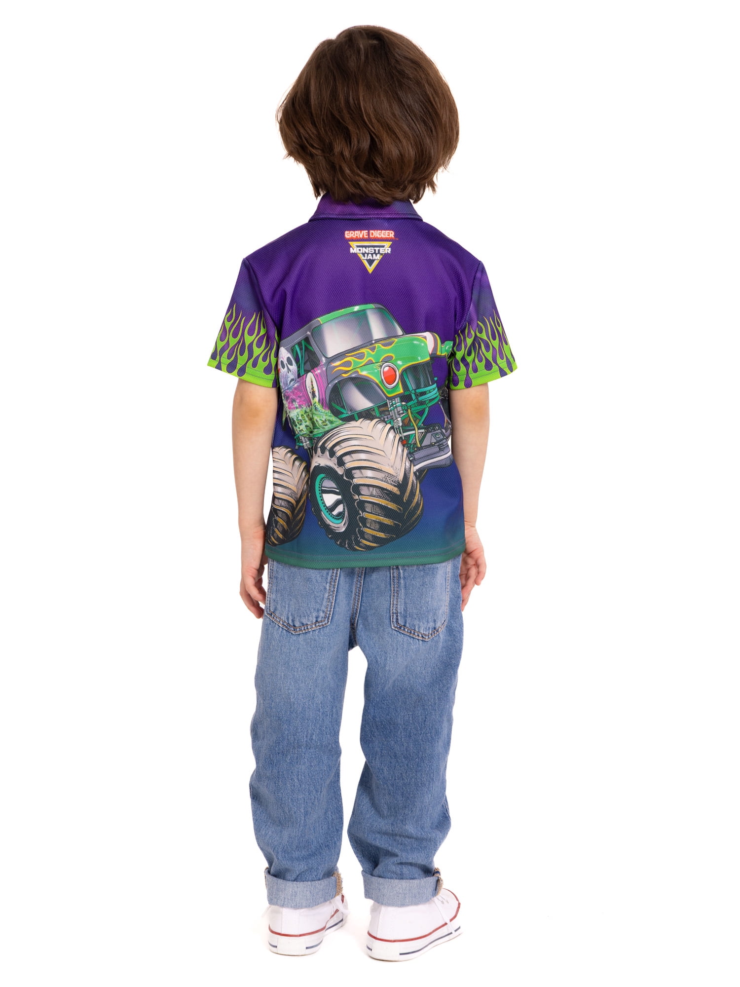 Monster Jam Grave Digger Toddler Boys Button Shirt with Short Sleeves, Sizes 12M-5T