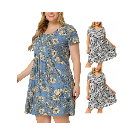 NOMADIC NOOK Women's Plus Size Short Sleeve Casual Comfortable Babydoll Pleatd Floral Midi Dress Blue/Black 2X