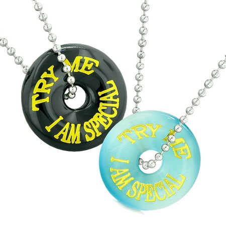 Try Me I Am Special Fun Best Friends Love Couples Amulets Blue Simulated Cats Eye Black Agate