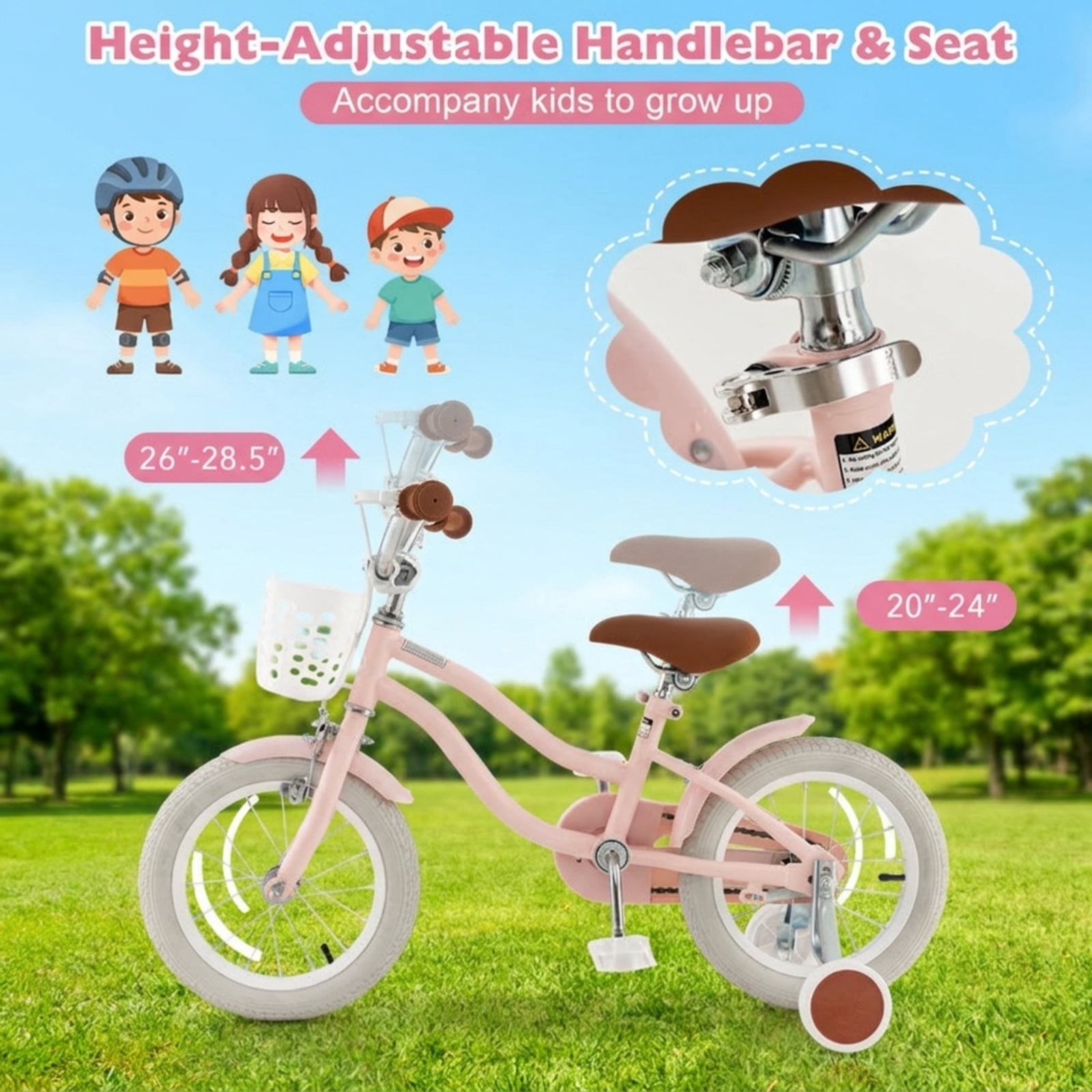Redsmile Kids Bike 12 Inch with Training Wheels for Boys Girls Ages 3-4 Years, Toddler Bicycle with Adjustable Seat and Carbon Steel Frame, 99 lb Capacity Beginner Bike, Pink