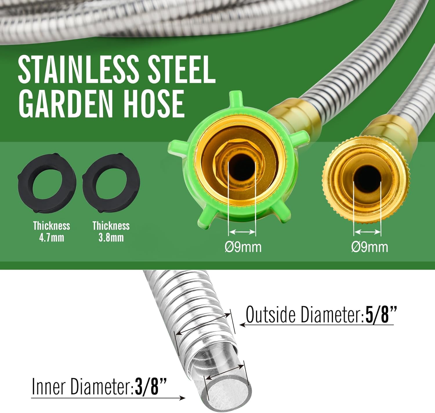 304 Stainless Steel Garden Hose 20 ft with Female to Male Metal Connector, Anti-Leakage, Flexible & Lightweight Kink Free Water Hose, Easy to Use & Store (20ft)
