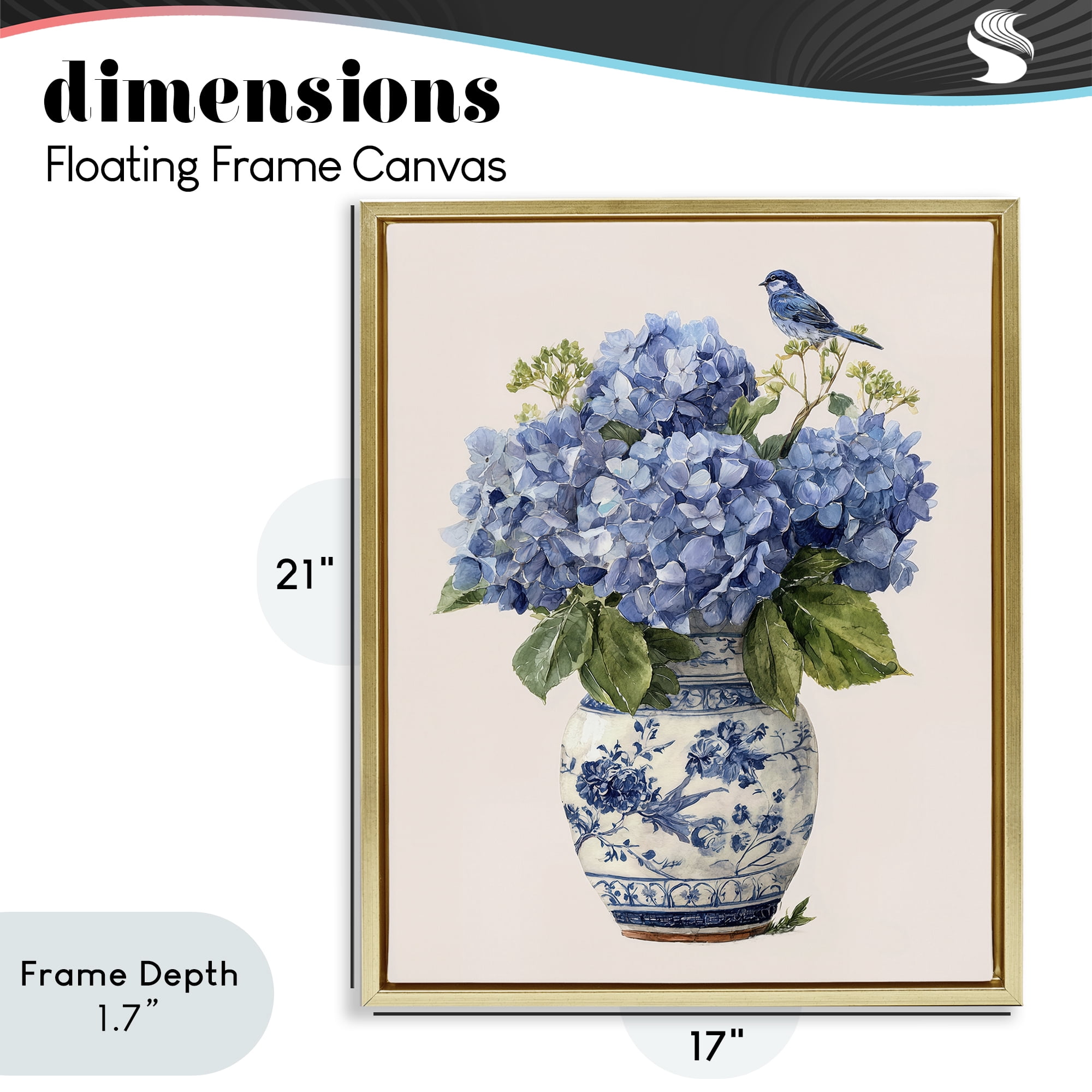 Stupell Industries Songbird Perched on Hydrangeas Gold Framed Floater Canvas Wall Art, design by Imagine It Images