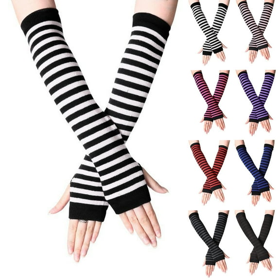 Lovzfmll Women's Long Fingerless Gloves, Striped Cotton Arm Warmers in Black, Winter Warmth Sleeves for Casual Wear, White