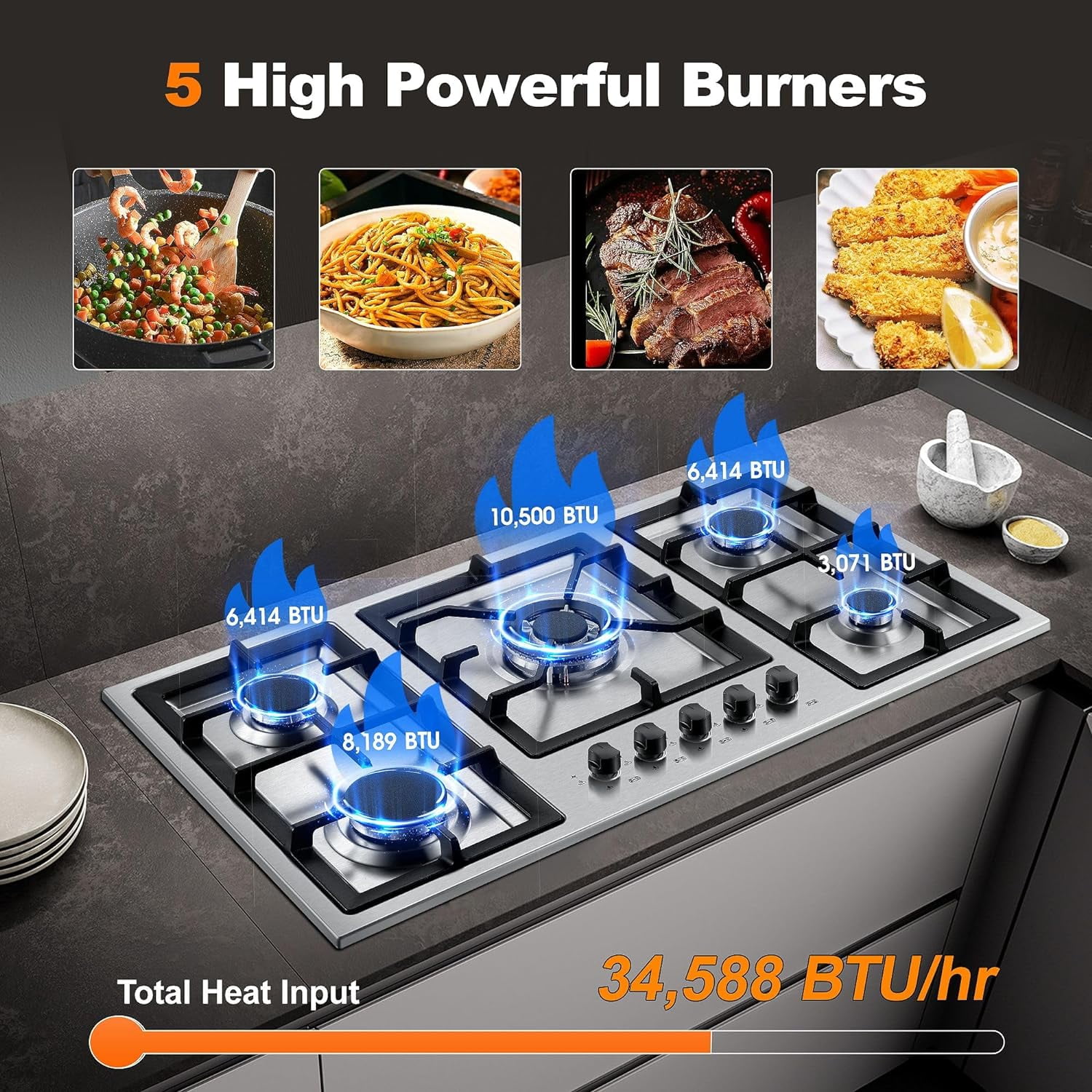 AMZGACHFKTCH 36 Inch Gas Cooktop with 5 Burners, Stainless Steel, LPG/Natural Gas Convertible, Thermocouple Protection