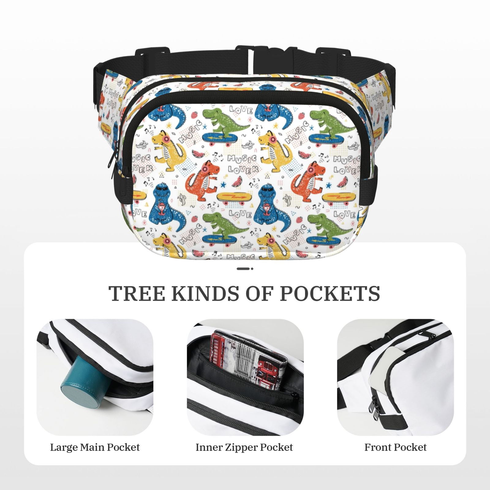 Picia Dinosaur (2) Print Square Double-Layer Waist Bag Mini Adjustable Waist Belt Bag Exercise Running Travel Hiking