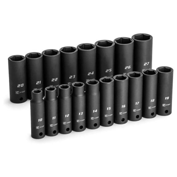 1/2 in. Drive Deep Impact Socket Set, 10 to 27 mm, Metric, 18-Piece