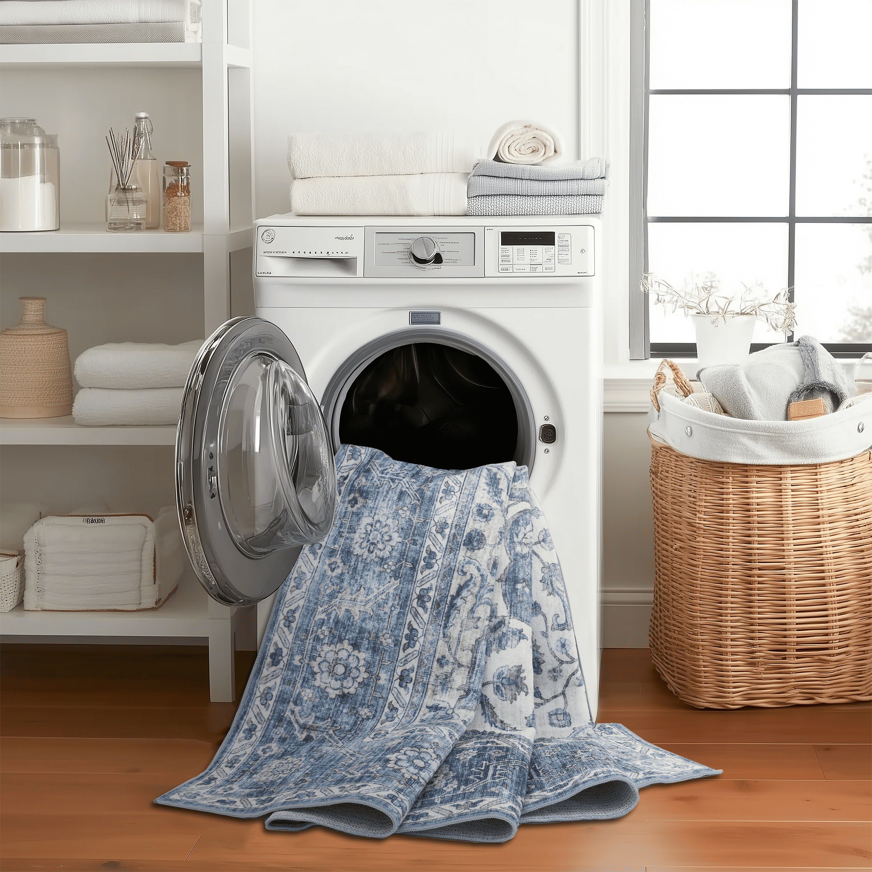 ReaLife Machine Washable Rug - Stain Resistant, Non-Shed - Eco-Friendly, Padded, Family & Pet Friendly - Made from Premium Recycled Fibers - Vintage Bohemian Medallion - Blue Ivory, 2'6" x 6'