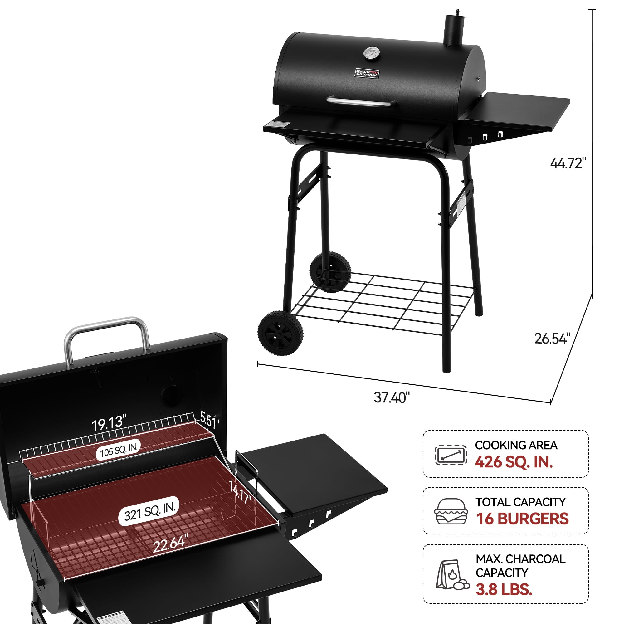 Royal Gourmet CC1624 Barrel Charcoal Grill, with Side & Front Shelves, 426 sq. in.for Outdoor Backyard, Black