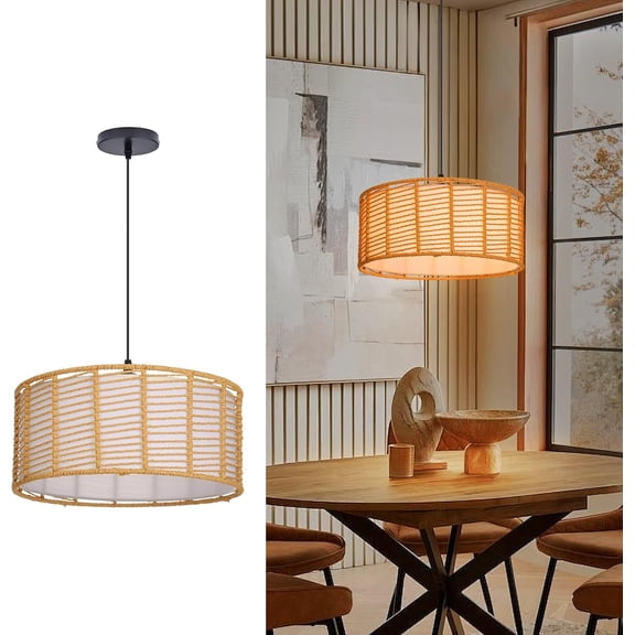 Boho Pendant XIULINs Kitchen Island, Hand-Woven Rattan XIULIN Fixture, Bohemian Ceiling XIULINing with Drum Double Lampshades, Farmhouse Hanging Lamp Chandelier