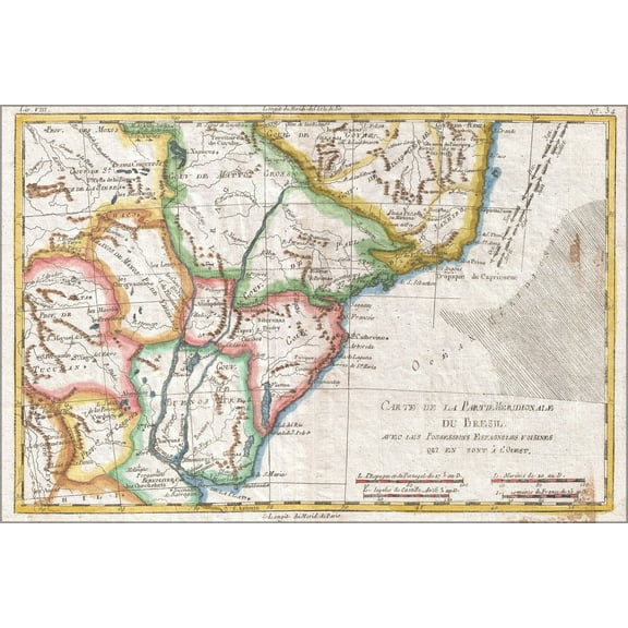 24"x36" Gallery Poster, 1780 Raynal and Bonne Map of Southern Brazil, Northern Argentina, Uruguay and Paraguay