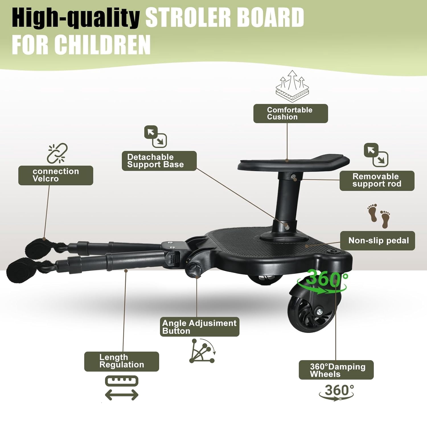 Universal Stroller Board, Black Buggy Board, Holds Children Up to 55lbs with Detachable Seat, 2in1 Sit and Stand Stroller Glider Board,Stroller Standing Board for Most Strollers, Stroller Rider Board